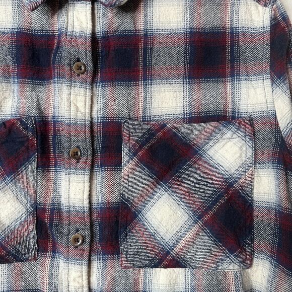 Black Red Blue White Plaid Cropped Long Sleeve Flannel Button Down Shirt M - Picture 4 of 11